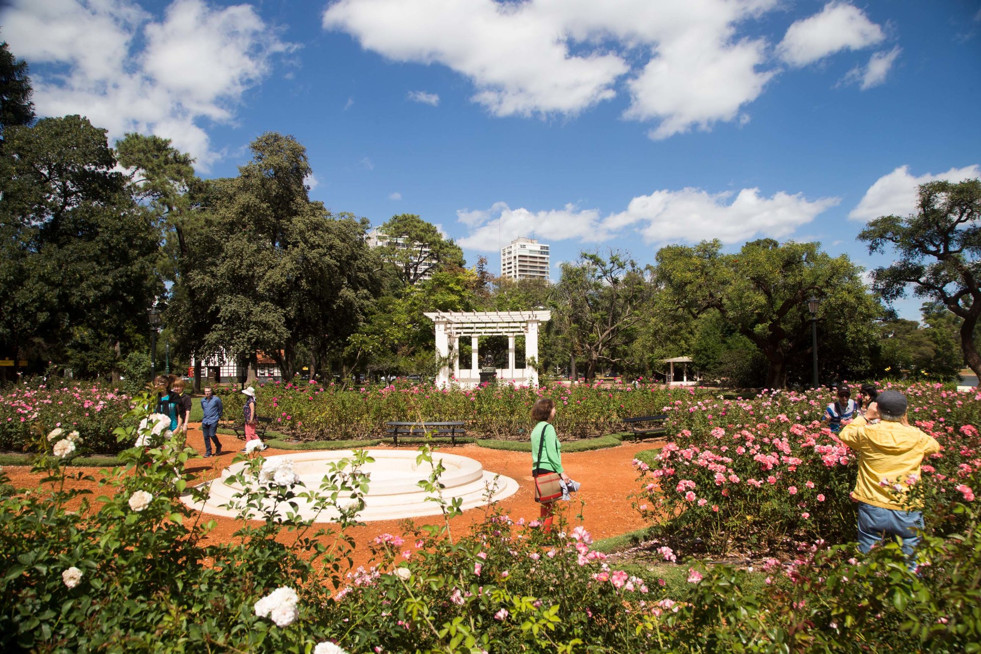 Arbustos en flor y personas paseando en el Rosedal de Palermo