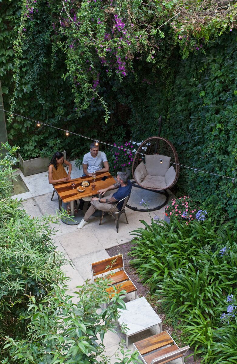 Grupo de amigos disfrutando del jardín del hotel Palo Santo